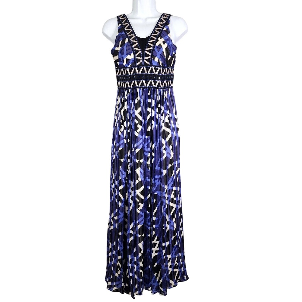 BCBGMAXAZRIA Size 0 Sequin & Silk Empire Waist Low Back Geometric Maxi Dress